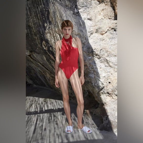 NWT Zara Coral Red Asymmetric One Piece Bathing Suit XL - Picture 2 of 5